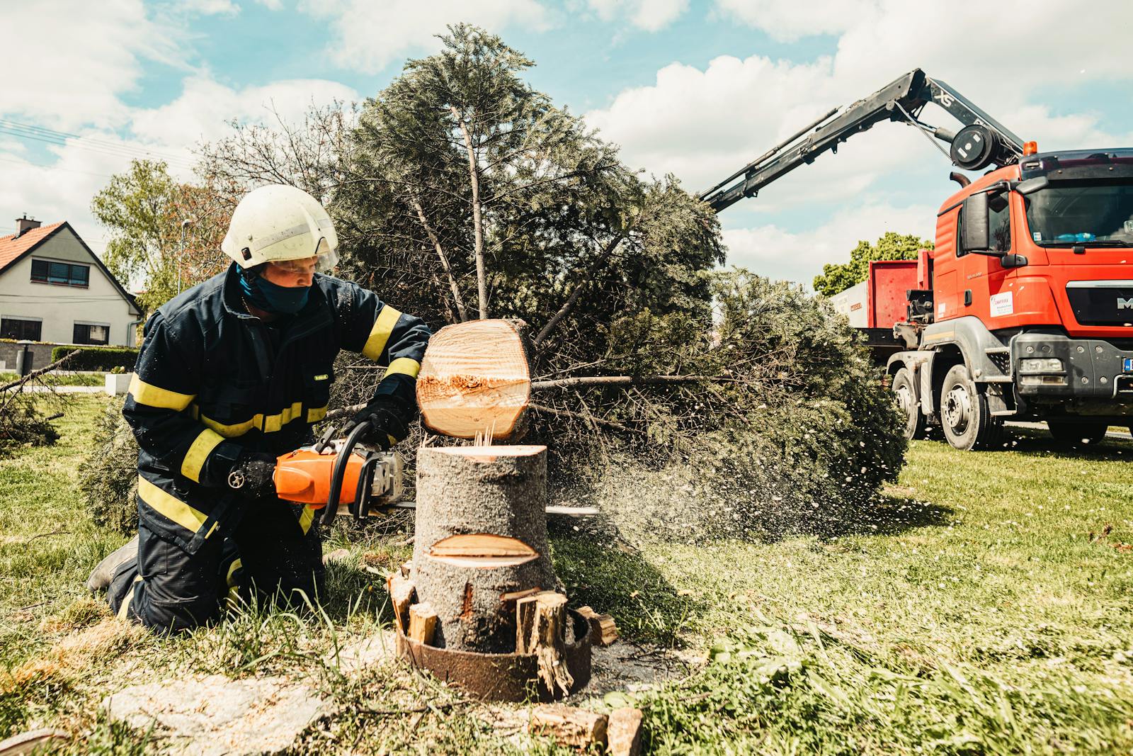 A firefighter uses a chainsaw to cut a tree stump while a truck assists in an outdoor setting. Tree Cutting in Rockingham County: How Professionals Handle Risky Trees
